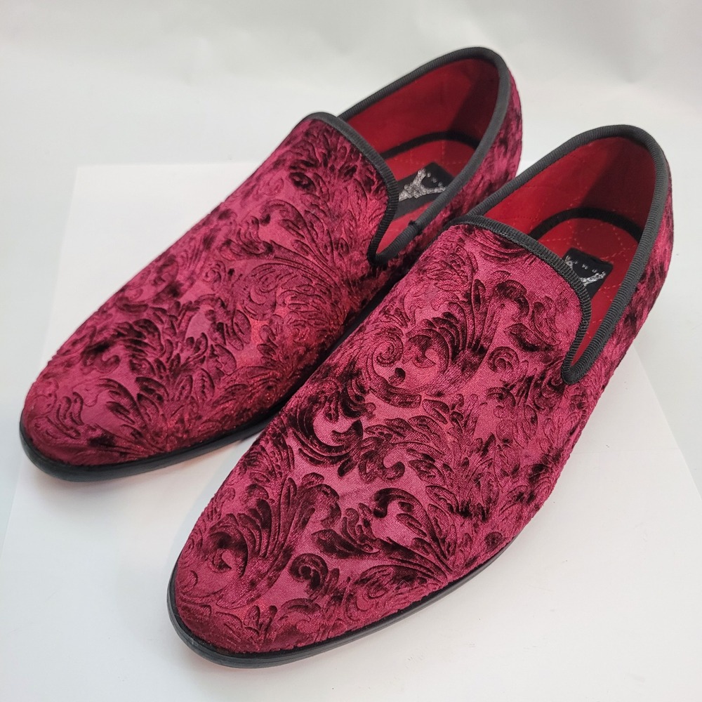 Enzo Romeo Loafers Mens 6.5 Burgundy Velvet Floral Damask Embossed Dress Shoes